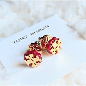 Tory Burch Gold Red Double T Logo Flower Stud Earrings